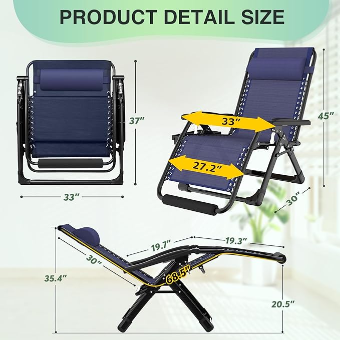 Suteck Oversized Zero Gravity Chair,33In XXL Outdoor Recliner Chair w/Removable Cushion&Headrest, Camping Lounge Chair w/Upgraded Lock&Footrest, Reclining Patio Chairs for Indoor Outdoor,500LBS - Image 2
