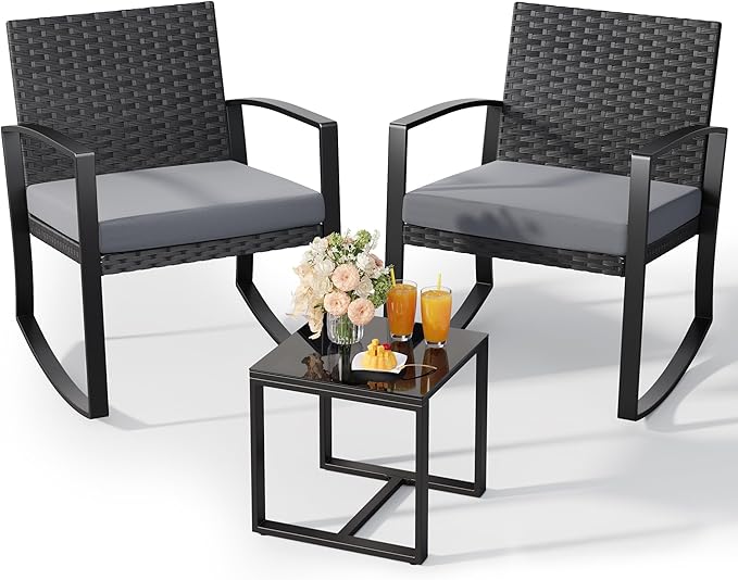 3 Pieces Outdoor Patio Furniture Set Rocking Bistro Set Outdoor Rattan Conversation with Coffee Table for Garden Balcony Backyard Poolside (Grey Cushion) by Qsun