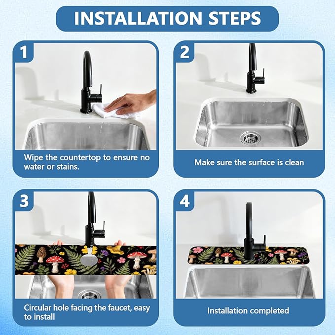 2 Pcs Kitchen Sink Splash Guard Faucet Mats Colorful Mushrooms and Flowers - Image 4