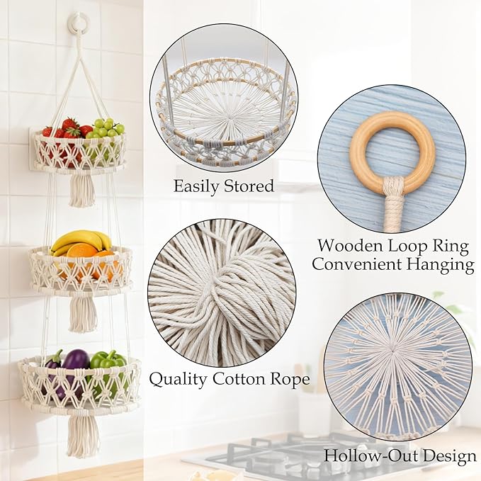 3 Tier Hanging Fruit Basket, Macrame Hanging Basket - Image 6