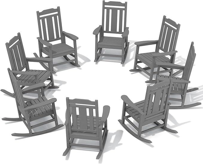 SERWALL Outdoor Rocking Chair Gray Set of 8, All Weather Patio Rocking Chair, HDPE Poly Rocking Chair for Adults, Heavy Duty Front Porch Rocker by SERWALL