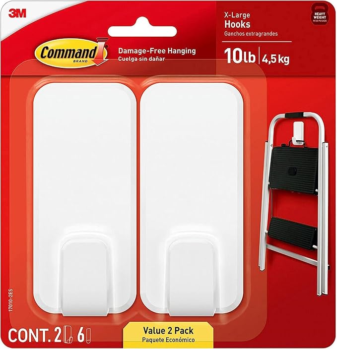Command 10 lb XL Heavyweight Hook, 2 Wall Hooks and 6 Strips, Damage-Free by Command