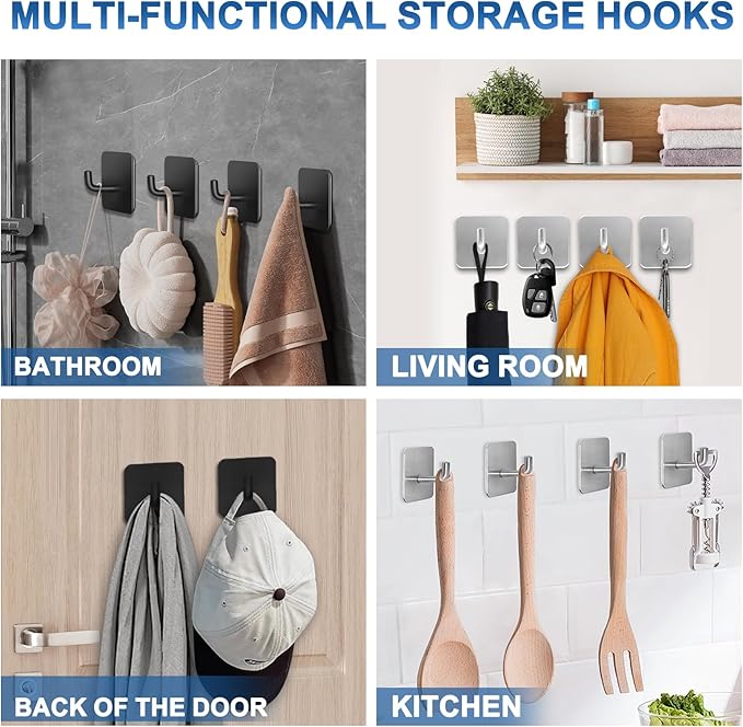 Adhesive Hooks for Bathrooms, 4 Piece Towel Hooks for Hanging Hat Robe Coat - Image 6