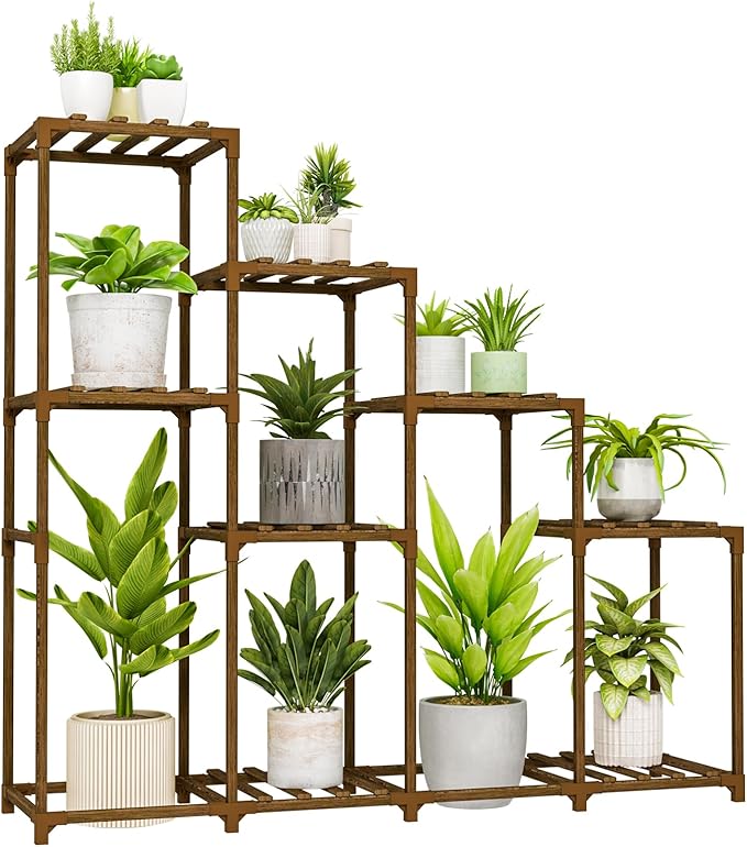 Bamworld Tall Plant Stand Indoor Wood Plant Shelf Outdoor Tiered Plant Rack for Multiple Plants 4 Tiers 10 Pots Ladder Plant Holder Plant Table for Plant Pots Boho Home Decor for Gardening Gifts by Bamworld