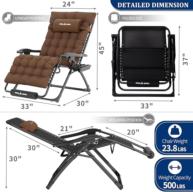 UDPATIO Oversized Zero Gravity Chair Chairs, Patio Recliner, Foldable Heavy Duty Reclining with Adjustable Headrest, Removable Cushion, Cup Holder & Foot Rest for Outside Camping Office Indoor - Image 2