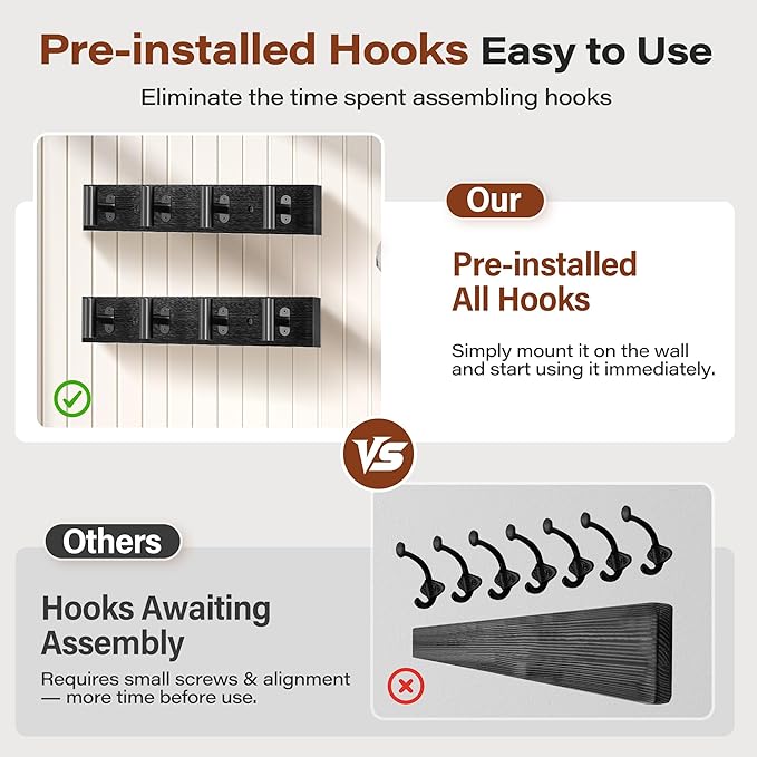 2 Pack Coat Rack Wall Mount, Pine Soild Wood Large Coat Hanger - Image 5