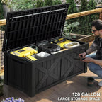 YITAHOME 150 Gallon Large Deck Box with X-Shaped Front, Resin Outdoor Storage Boxes, Waterproof Cushion Storage Bench for Patio, Pool Supplies, Garden Tools - Lockable, Black - Image 6