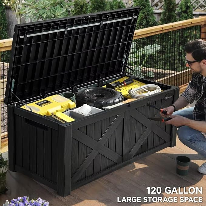 YITAHOME 150 Gallon Large Deck Box with X-Shaped Front, Resin Outdoor Storage Boxes, Waterproof Cushion Storage Bench for Patio, Pool Supplies, Garden Tools - Lockable, Black - Image 6