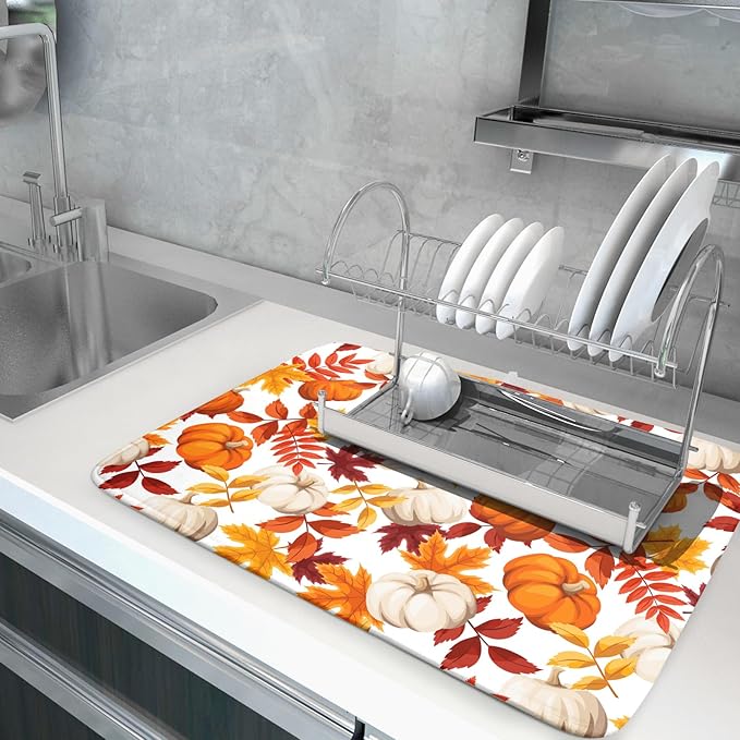 Fall Dish Drying Mat for Kitchen Counter Watercolor Pumpkins Autumn Leaves - Image 5