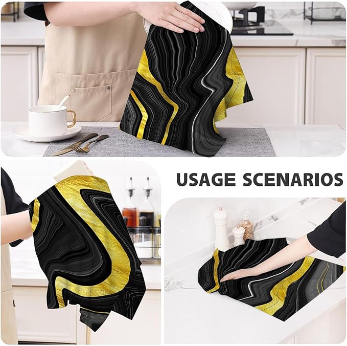 Black Gold Kitchen Dish Towels Set of 4 Soft Absorbent Marble Texture Black - Image 7