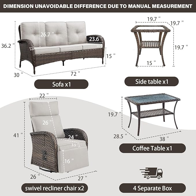 5 Piece Patio Furniture Set with Swivel Recliner Chair - Removable Outdoor Patio Couch Set, Chaise Lounge Chair Outdoor with Adjustable Backrest and Footrest and Coffee Table for Casual Gathering - Image 2