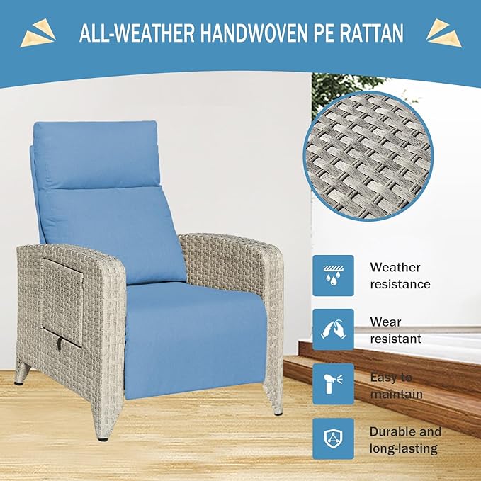 Outdoor Recliner Chairs Set of 2, Reclining Patio Chairs with Adjustable Back up to 150°Lay Flat and Extended Footrest, Wicker Recliner Chairs with Flip Table and Removable Olefin Cushion - Image 6