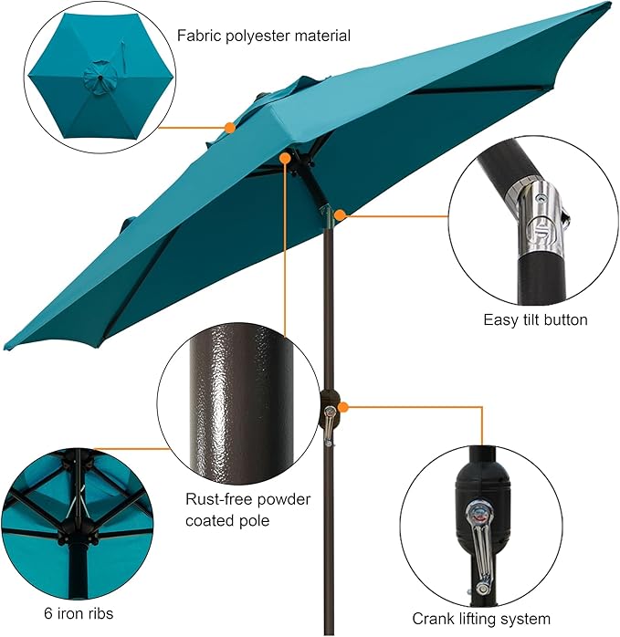 Blissun 7.5 ft Patio Umbrella, Yard Umbrella, Outdoor Market Umbrella with Push Button Tilt Crank (Cerulean) - Image 3