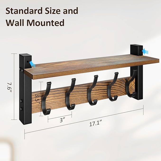 Coat Rack Wall Mount with Shelf, 17.1 Inch Coat Hanger, Entryway Wall Key Holder - Image 7