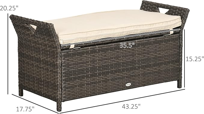Outsunny 29 Gallon Patio Wicker Storage Bench, Outdoor PE Rattan Patio Furniture, 2-in-1 Large Capacity Rectangle Garden Storage Box with Handles and Cushion, Cream White - Image 3