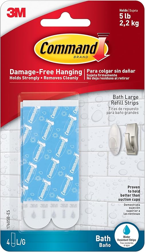 Command 5 lb Large Water-Resistant Refill Strips, 4 Strips, Reuse Large Bath by Command