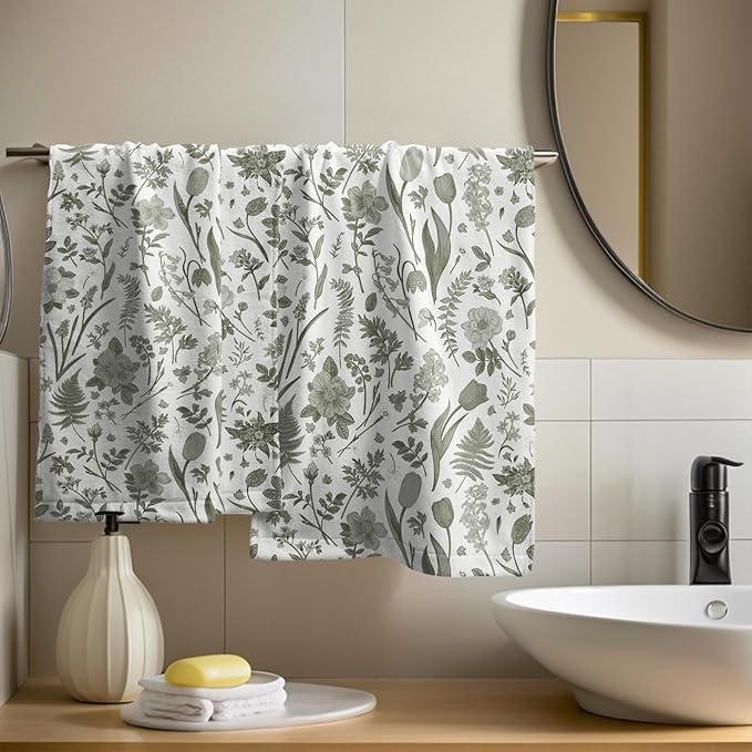 Spring Floral Hand Towels for Bathroom Set of 2 Sage Green White Flower Leaves - Image 6
