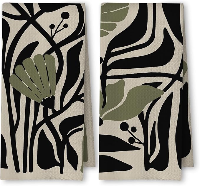 Abstract Dark sage Green and Black Boho Floral Kitchen Towels Set of 2 by Unknown