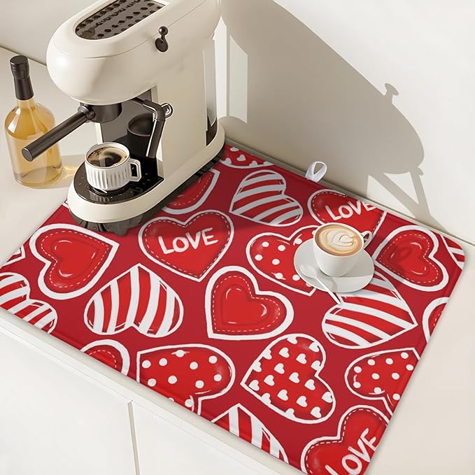 Valentines Day Dish Drying Mat for Kitchen Counter Red Polka Dot Stripe Love - Image 7
