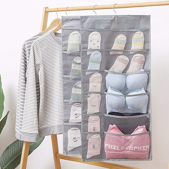 Closet Hanging Organizer with Mesh Pockets & Rotating Metal Hanger, Dual Sided - Image 7