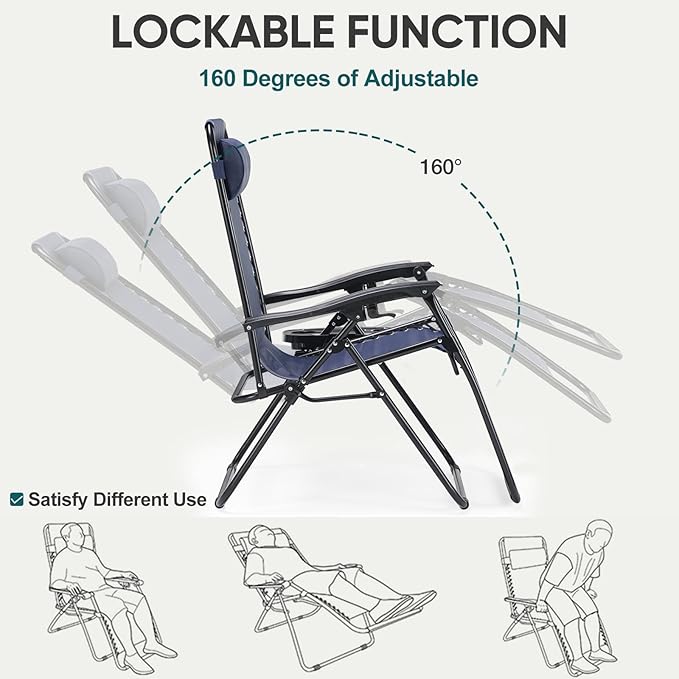 NEWBULIG Zero Gravity Chair Set of 4, Lounge Chair Folding Portable Adjustable Camping Reclining Chairs with Adjustable Pollow, Mesh Back, Cup Holder Trays Lawn Patio Chair for Pool Beach - Blue - Image 5