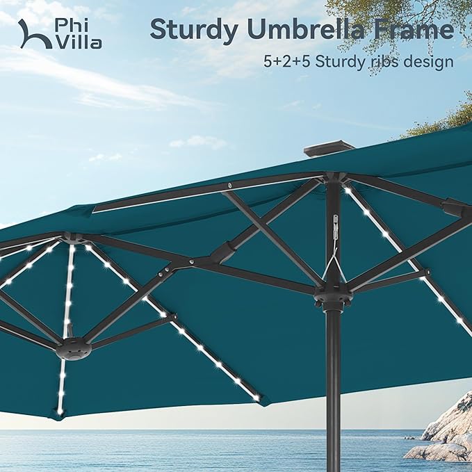PHI VILLA 13ft Patio Umbrella with Solar-Powered 120 PCS LED Color-Changing Lights, Triple-Head Large Rectangle Umbrella Outdoor Patio for Table with Crank Lift,Cyan(No Base) - Image 5