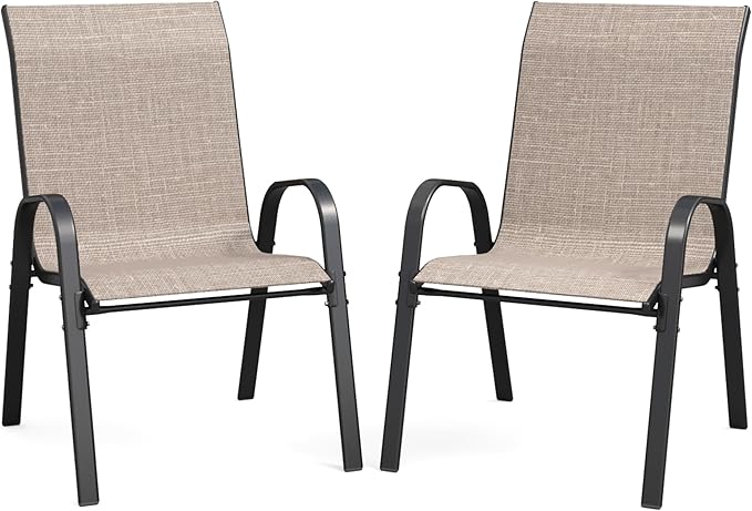 Patio Dining Chairs Set of 2, Outdoor Stackable Chairs, Breathable Seat and Alloy Steel Frame Fit for Backyard,Garden,Porch, Lawn，Poolside (Light Brown) by VonzoyHome