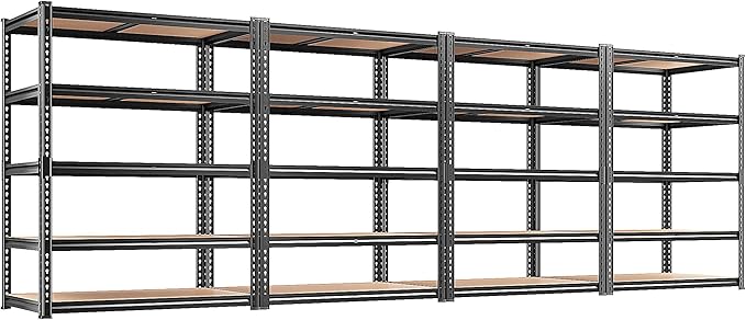 REIBII 2400LBS Storage Shelves 5 Tier Garage Shelving Heavy Duty, Adjustable Metal Shelving, Garage Shelves for Basement, Warehouse, Pantry, Closet, Kitchen 72" H x 35.55" W x 16" D, Black, 4 Pack by REIBII