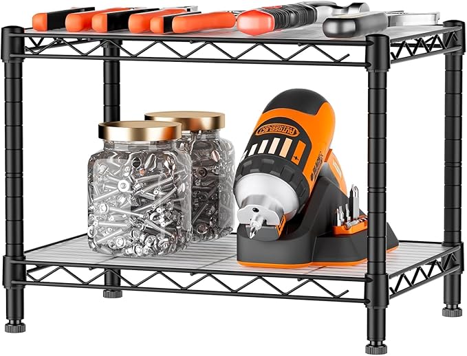 Xcity Storage Shelves, 2 Tier Heavy Duty Metal Shelving Unit with Wheels, 700 LBS Capacity Adjustable Steel Wire Shelf Organizer for Pantry, Kitchen, Garage, 14" D x 24" W x 20" H, Black - Image 3