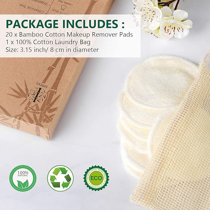 20 Packs Organic Reusable Makeup Remover Pads, Washable Bamboo Cotton Rounds - Image 2
