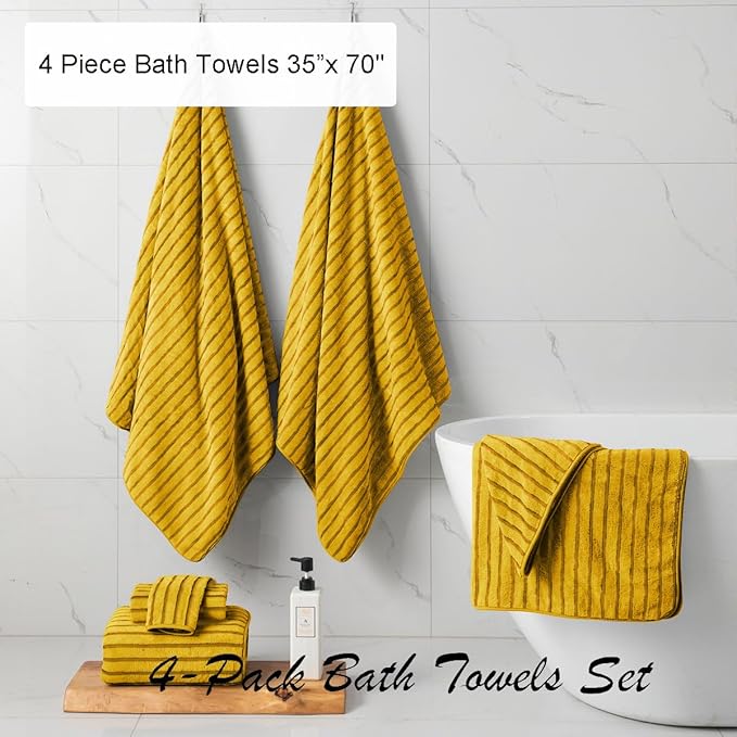4 Pcs Yellow Cabana Stripe Large Bath Towels 35"x70" Oversized Bath Sheet Super - Image 3