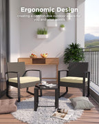 3 Pieces Porch Furniture Set Patio Rocking Bistro Set Outdoor Patio Chairs Rattan Conversation Sets with Coffee Table for Front Porch Garden Balcony Backyard Poolside (Beige Cushion) - Image 6