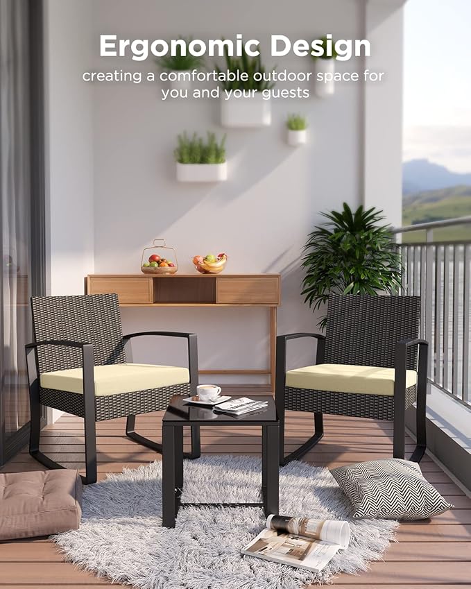 3 Pieces Porch Furniture Set Patio Rocking Bistro Set Outdoor Patio Chairs Rattan Conversation Sets with Coffee Table for Front Porch Garden Balcony Backyard Poolside (Beige Cushion) - Image 6