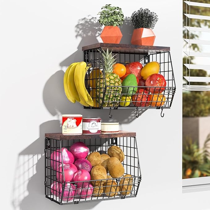2 Tier Fruit Bowl Fruit Basket for Kitchen Counter Stackable Wall Mounted - Image 2