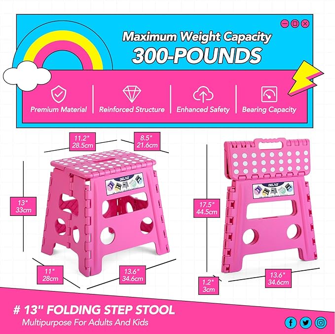 Delxo Folding Step Stool, 13 inch Non-Slip Foldable Stools for Kids & Adults Up to 300 LBS, Step Stool with Handle, Lightweight for Kitchen, Bathroom, Bedroom, Garden, Rose Pink, 1PC - Image 2