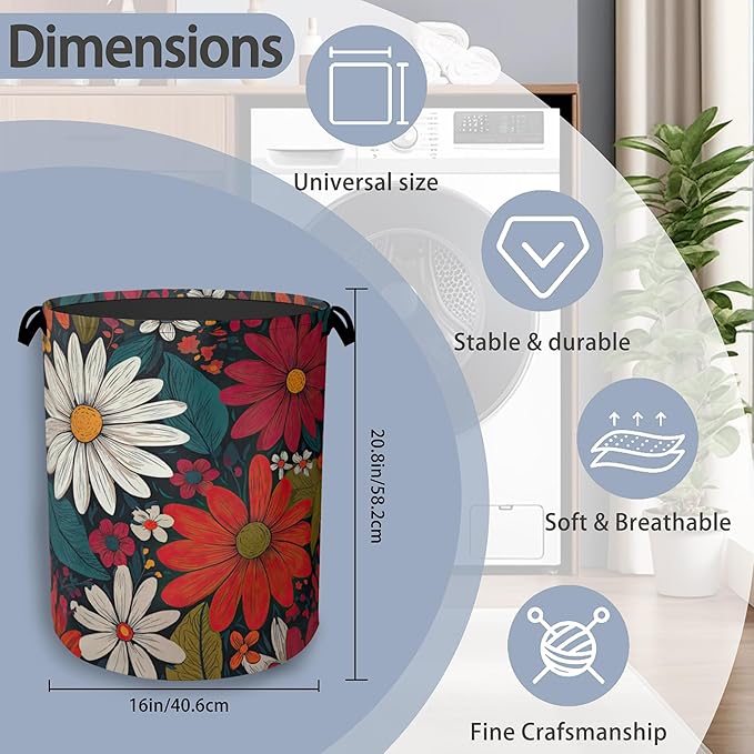 Retro Red Daisy Flowers Laundry Hamper, Dirty Clothes Laundry Basket - Image 2