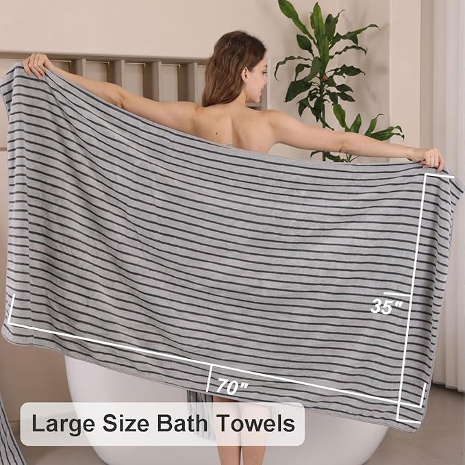 Oliven 8 Pcs Gray Cabana Stripe Bath Towel Set Oversize Bath Sheet-2 Bathroom - Image 4