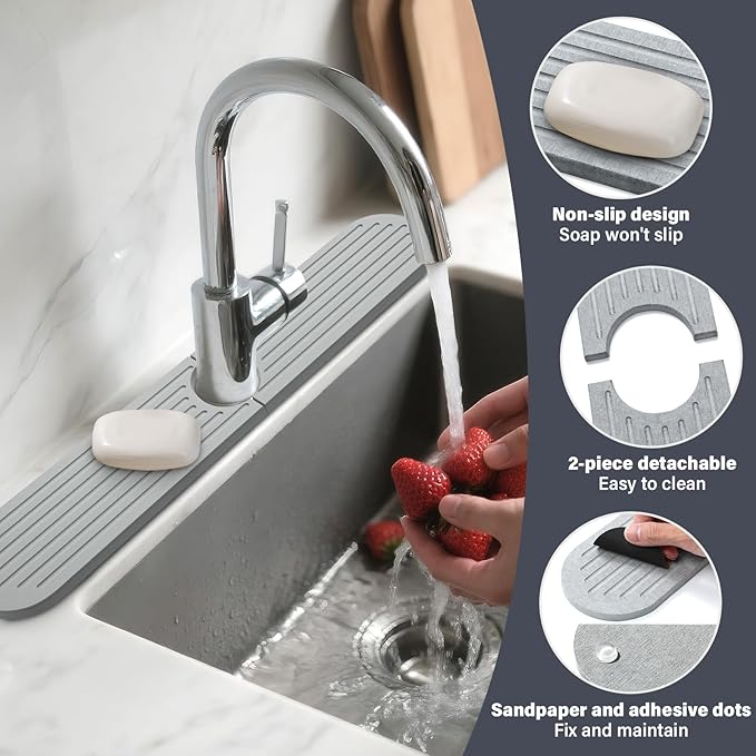 Stone Faucet Mat for Kitchen Sink, 2 Set/4PCS Quick Dry Diatomaceous Earth Tray - Image 4