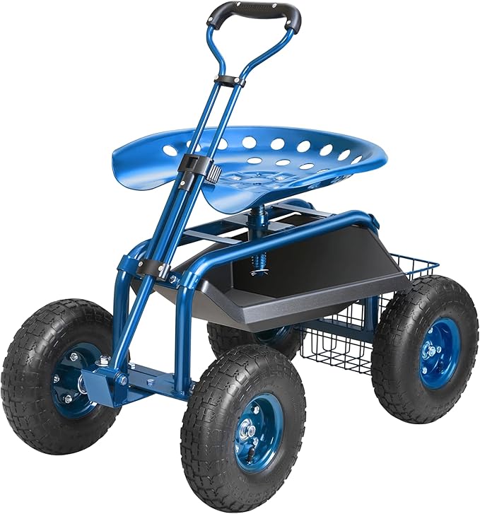 VEVOR Garden Cart Rolling Workseat with Wheels, Gardening Stool for Planting, 360 Degree Swivel Seat, Wagon Scooter with Steering Handle & Utility Tool Tray, Use for Patio, Yard, and Outdoors, Blue by VEVOR