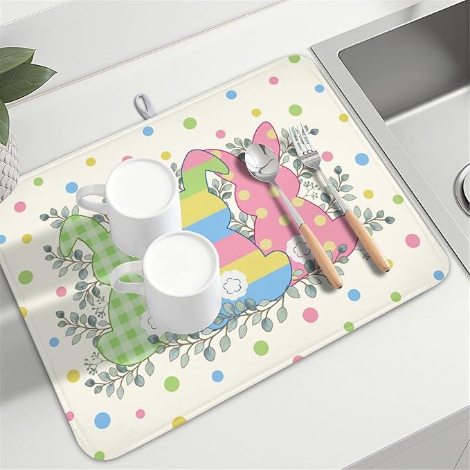 Easter Bunny Dish Drying Mat for Kitchen Counter Cute Rabbit Colorful Polka - Image 8