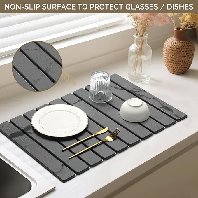 Large Stone Dish Drying Mat for Kitchen Counter, Water Absorbing Diatomaceous - Image 4