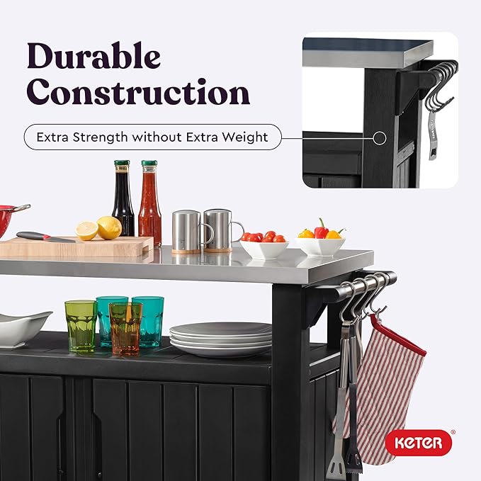 Keter Unity XL Portable Outdoor Table with Stainless Steel Top for Kitchen Prep and Outdoor Storage Cabinet for Grilling Accessories, Dark Grey - Image 8