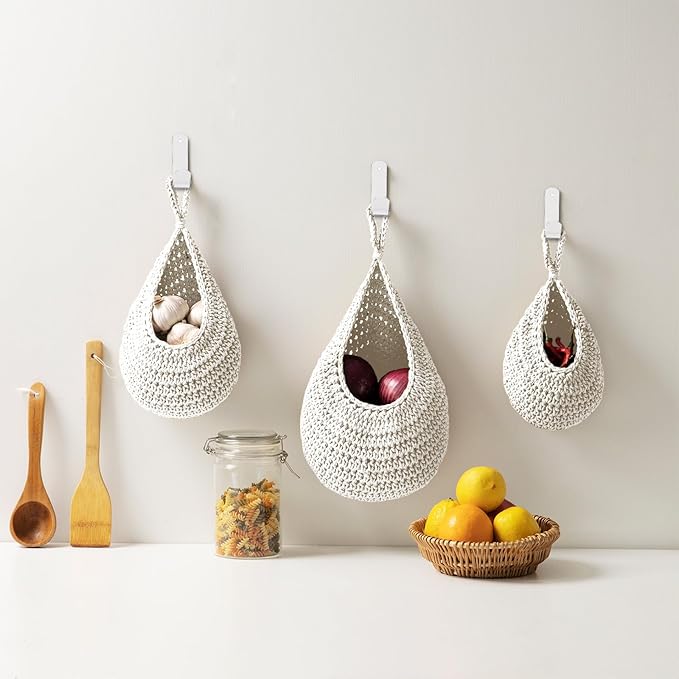 Hanging Fruit Basket Set of 3, Boho Wall Hanging Storage Basket - Image 5