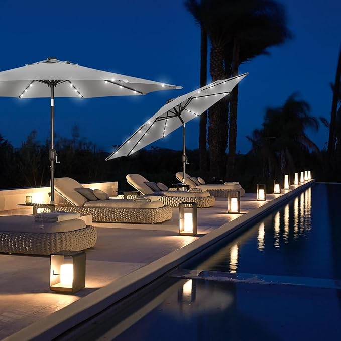 Blissun 9 ft Solar Umbrella, Patio Umbrella with 32 LED Lights, Table Market Umbrella, Outdoor Umbrella for Garden, Deck, Backyard (Light Grey) - Image 7