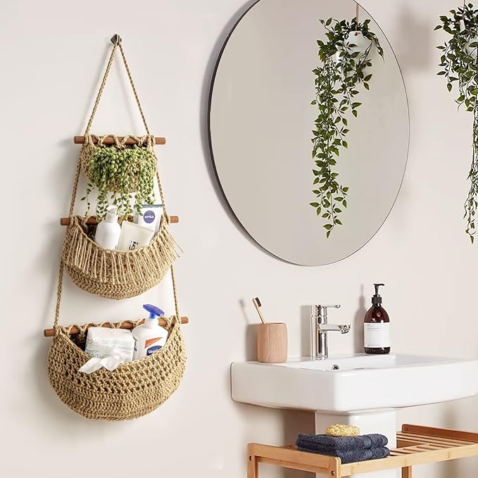 Hanging Fruit Basket, 3 Tier Over the Door Organizer, Handmade Woven Jute Wall - Image 8
