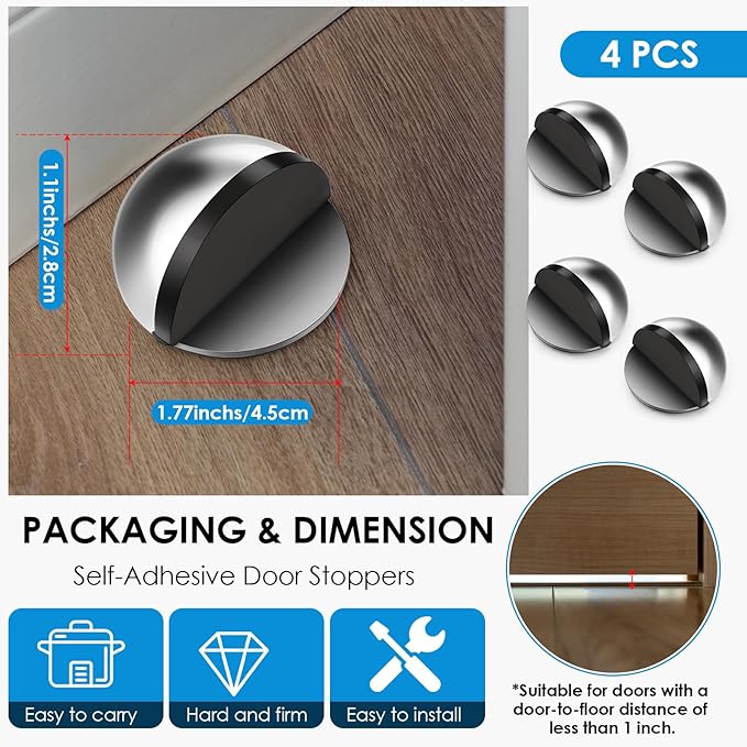 4 Pcs Self Adhesive Door Stoppers, Stainless Steel Floor Door Stop Wall - Image 2