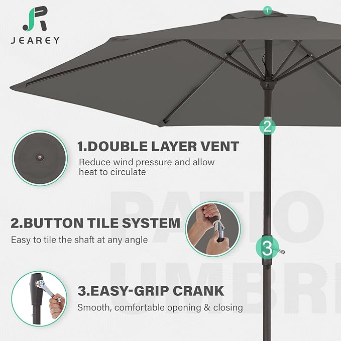 JEAREY 7.5FT Patio Umbrella Market Table Umbrella with 6 Sturdy Ribs, Push Button Tilt/Crank Outdoor Umbrella for Garden, Deck, Backyard, Pool and Beach,Gray - Image 5