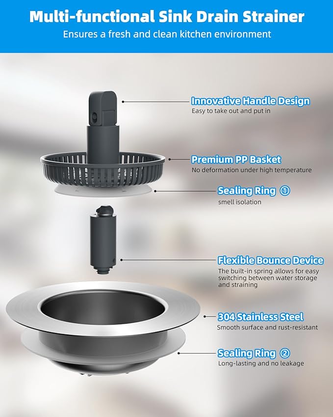 Hibbent Upgraded 3 in 1 Kitchen Sink Drain Strainer and Stopper Combo, - Image 5