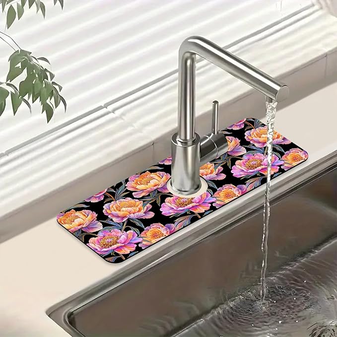 Colorful Peonies Sink Splash Guard Blooming Peonies Faucet Absorbing Mat Fast by Unknown