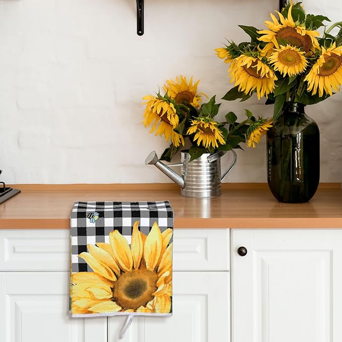 Bencailor 4 Pcs Sunflower Kitchen Towels Flower Floral Spring Hand Dish Towels - Image 2